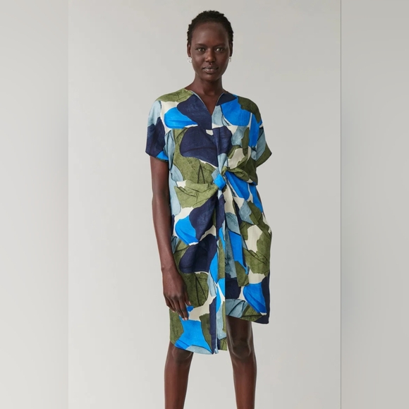 COS Abstract Printed Linen Lyocell Dress W/t Pocket Wrap Tie Front Sz 2 - 19"ptp - Picture 4 of 14